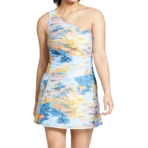 NWT DSG One Shoulder Active Momentum Dress w/ Bra & Shorts Multi Abstract Sz XS - Picture 1 of 12